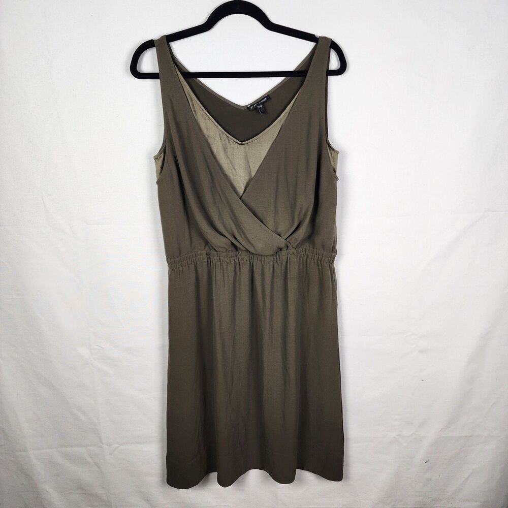 EILEEN FISHER Green‎ Double V Neck Silk Georgette Crepe Dress Size Small Earthy